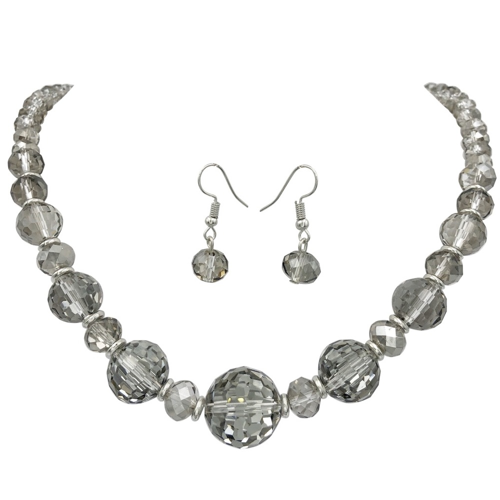 Beveled Grey Glass Beaded Necklace Earrings Set